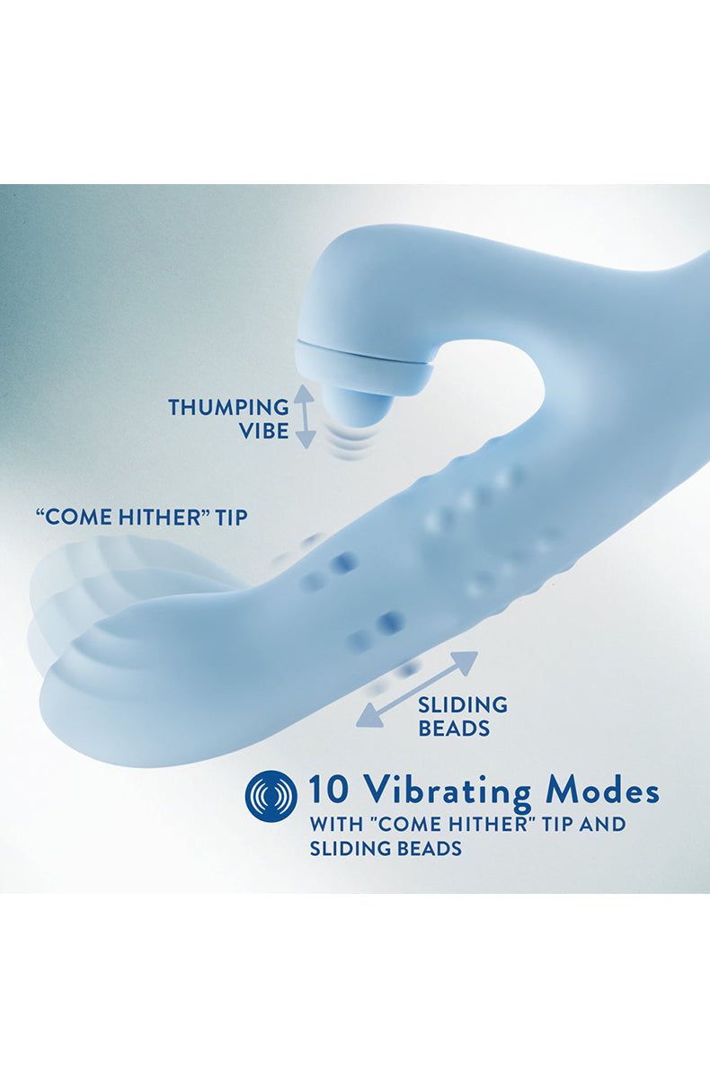 Devin blue silicone rabbit vibrator displayed with package.
