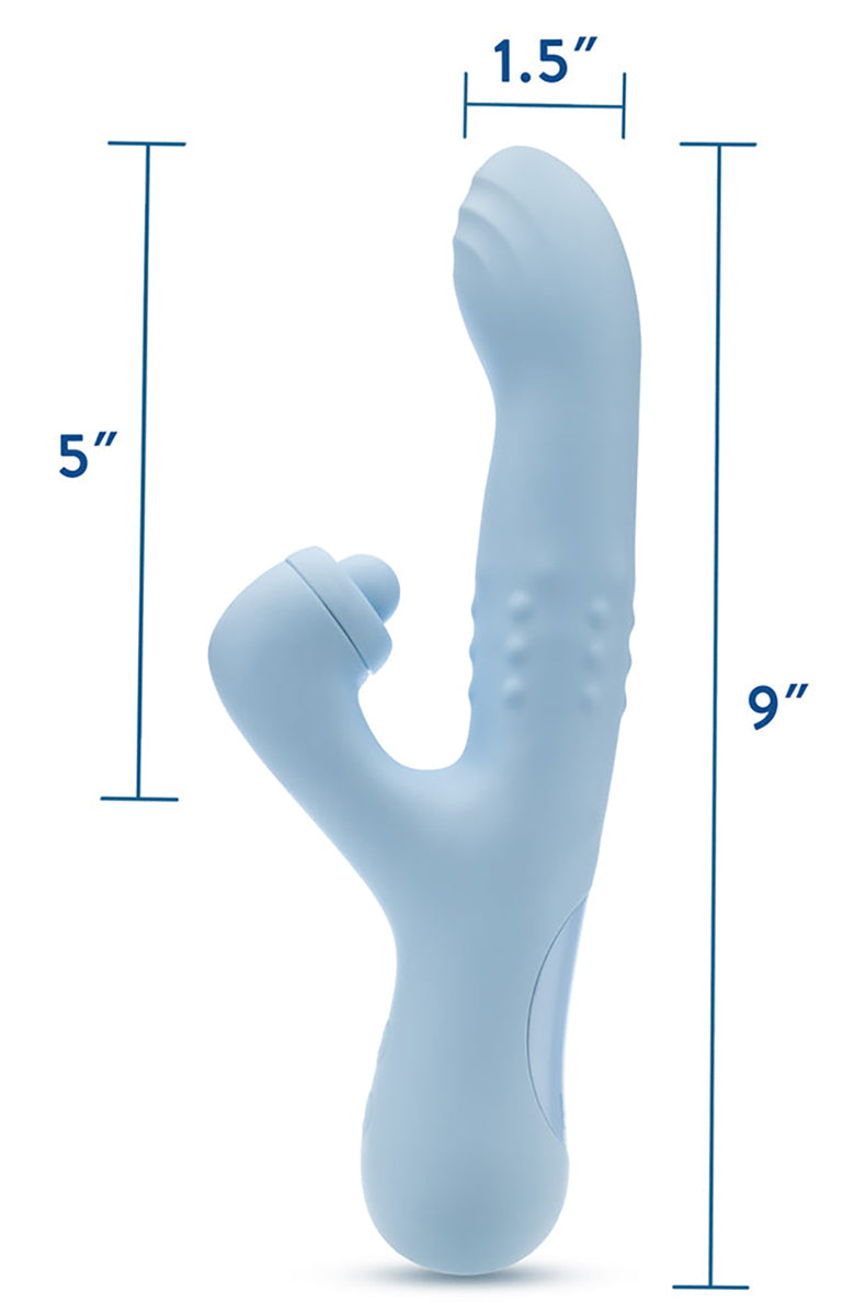 Side view of Blush Devin blue silicone rabbit vibrator showing clitoral arm with tapping dome.