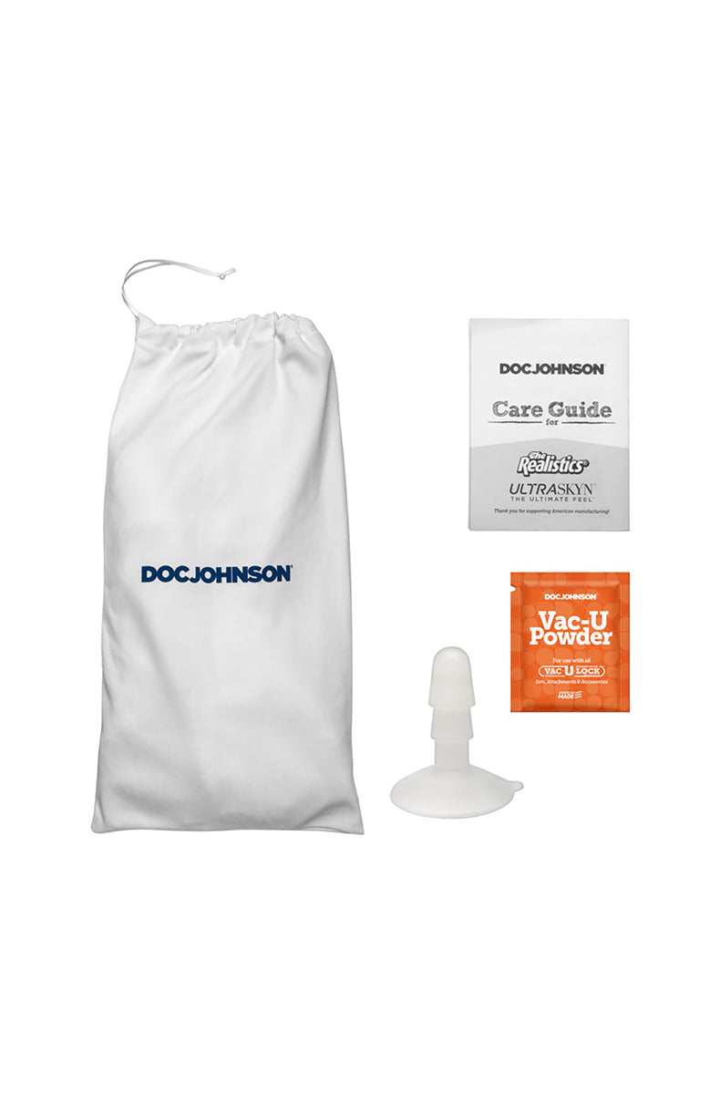 Doc Johnson drawstring bag, ULTRASKYN care guide, Vac-U-Powder packet, and removable Vac-U-Lock suction cup base.