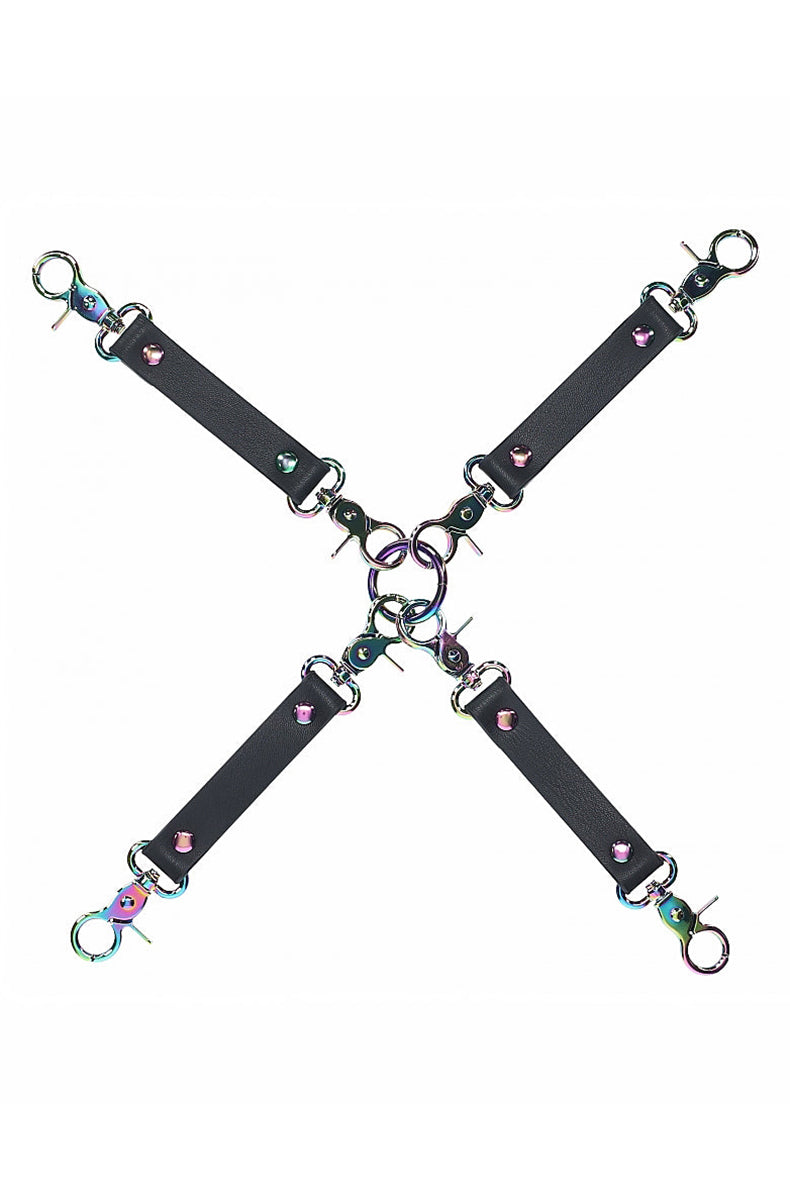 X-shape hogtie connector in black bonded leather with iridescent rainbow snap clips on each arm and a center O-ring.