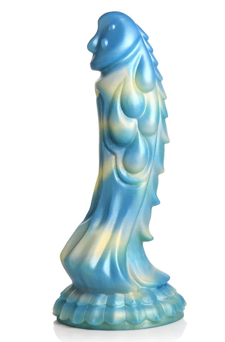 Tall upright view of Sea Stallion fantasy dildo emphasizing dragon scale shaft pattern