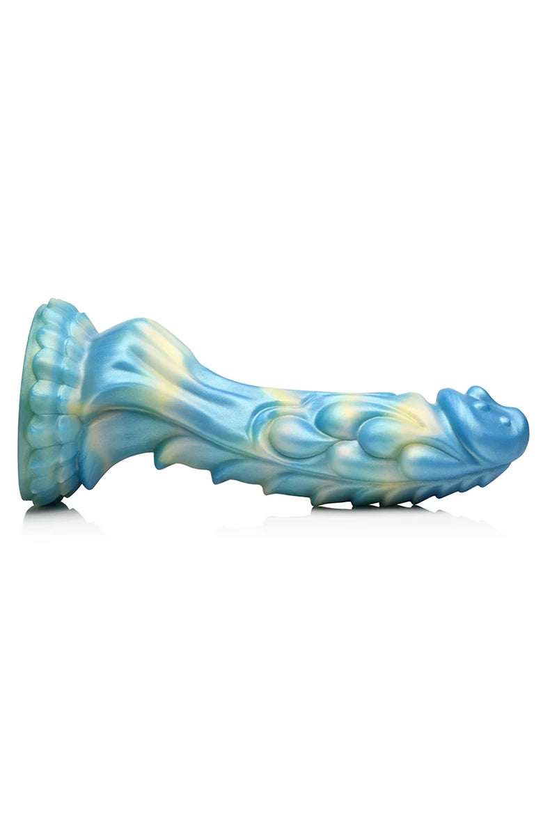 Side view of upright Sea Stallion fantasy dildo with flared ridged suction cup base