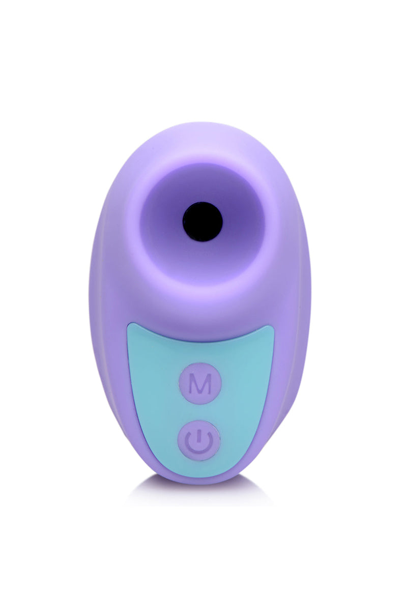 Top view of Shegasm Mini air-pulse finger vibrator showing button panel.