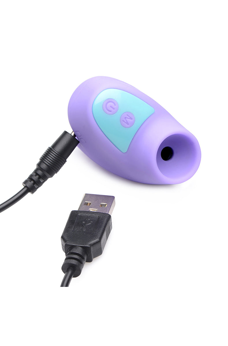 Detail of Shegasm Mini purple finger vibrator silicone suction hole.
