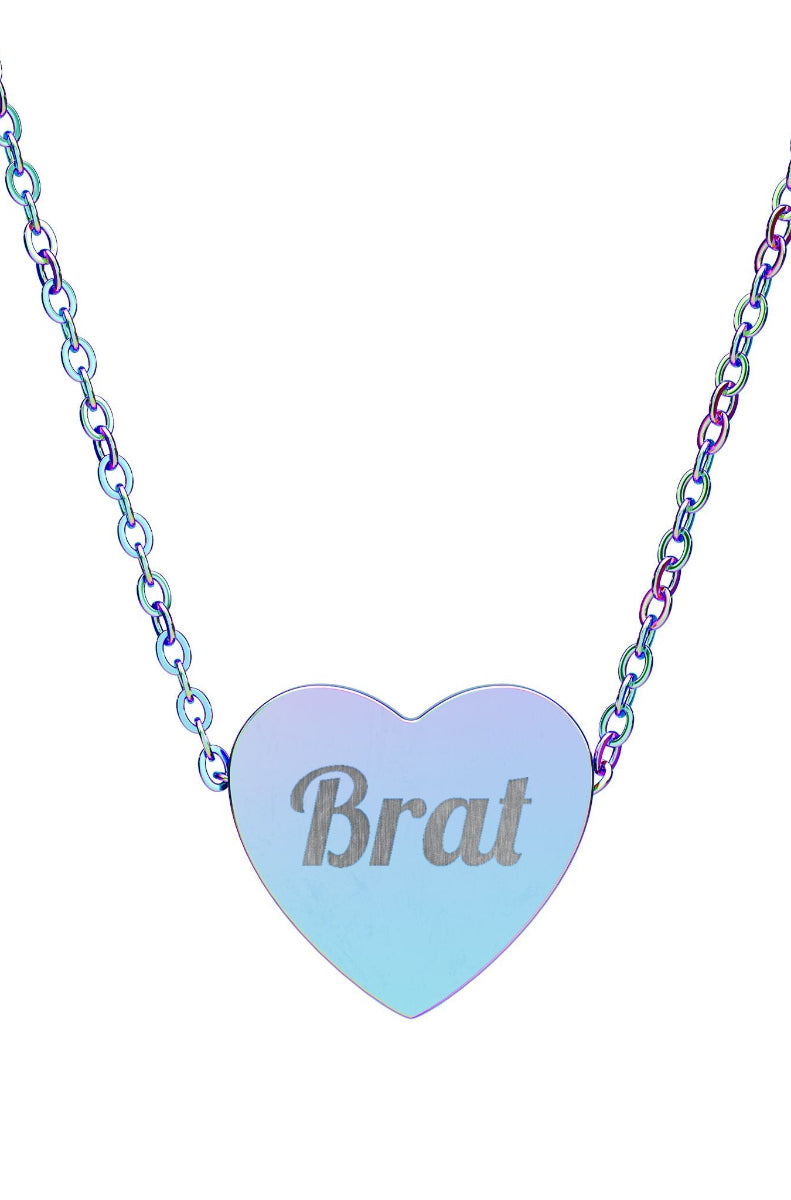 Necklace with a heart-shaped pendant engraved with 'Brat' on a white background