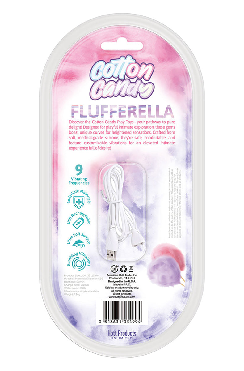 Back of Flufferella retail card with product description, USB cable and feature icons
