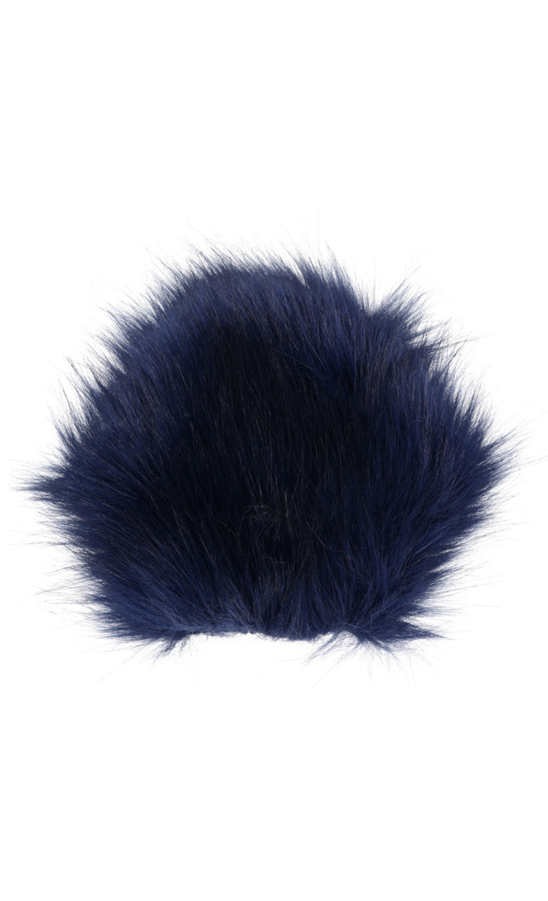 Dark navy blue faux fur sensory mitt shown fur side out, with long soft fur fibers all around the rounded shape.