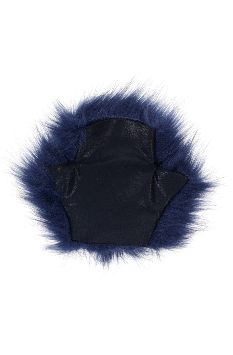 Detail view of the navy faux fur mitt fingertip area showing rounded contour and dense fur.
