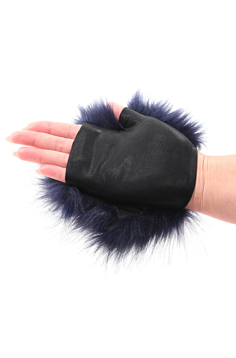 Back view of the navy faux fur sensory mitt with the wrist opening visible.