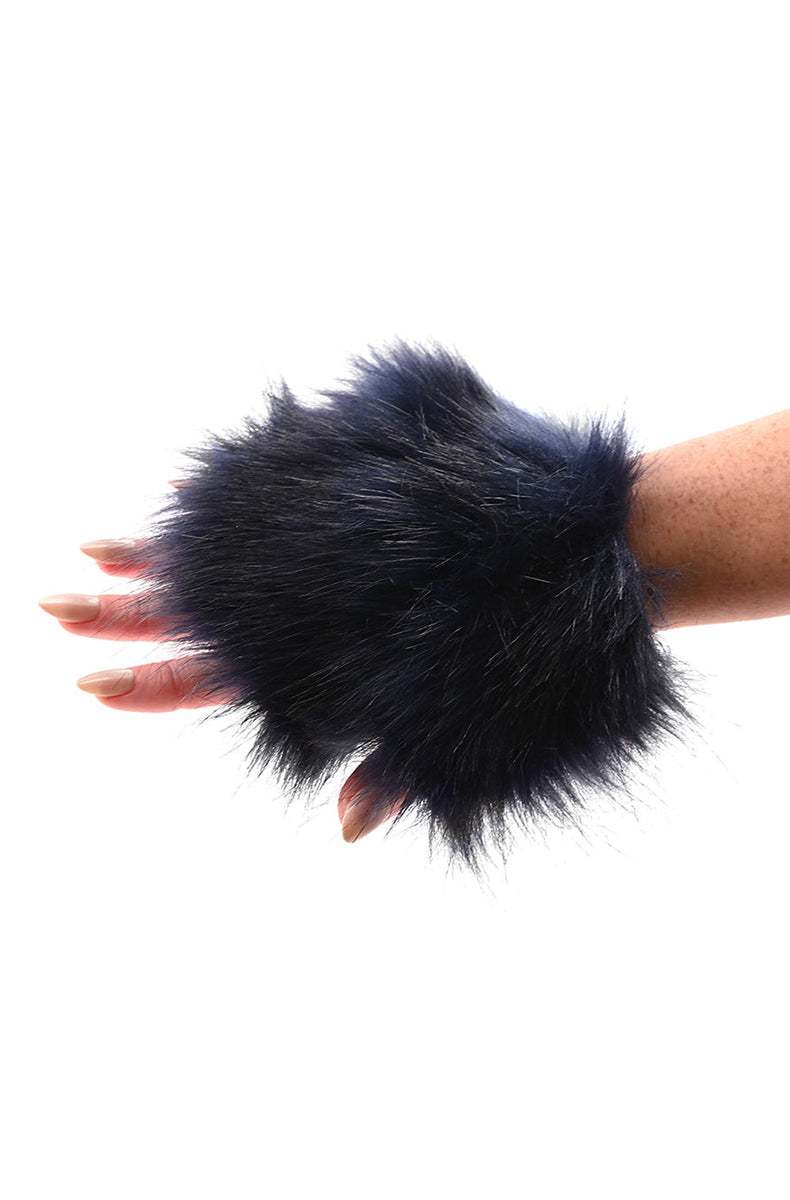 Side view of dark navy faux fur sensory mitt revealing the mitten shape and fur depth.
