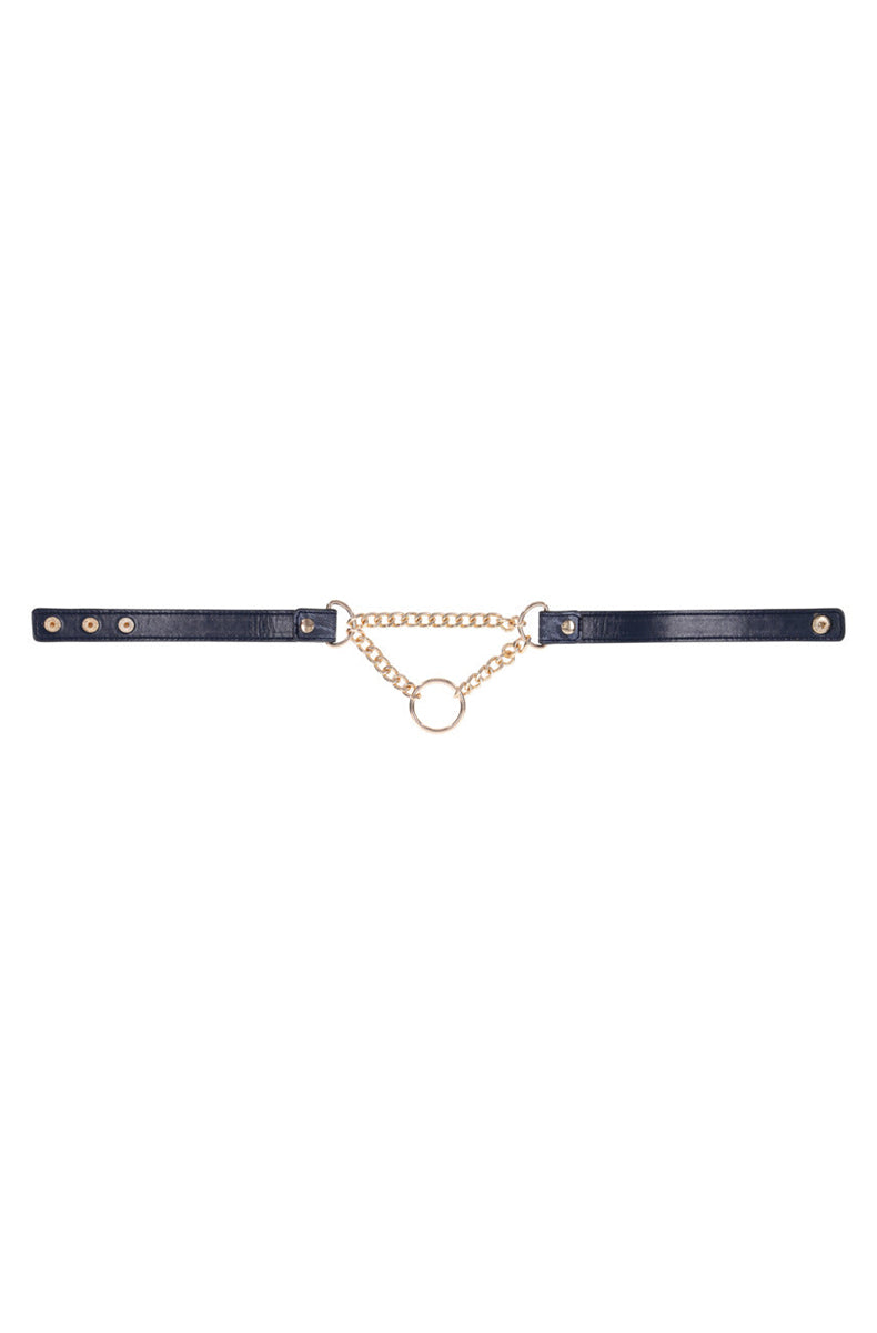 Back view of the collar showing the smooth dark blue leather strap, gold rivets, and the gold chain swag with O-ring.