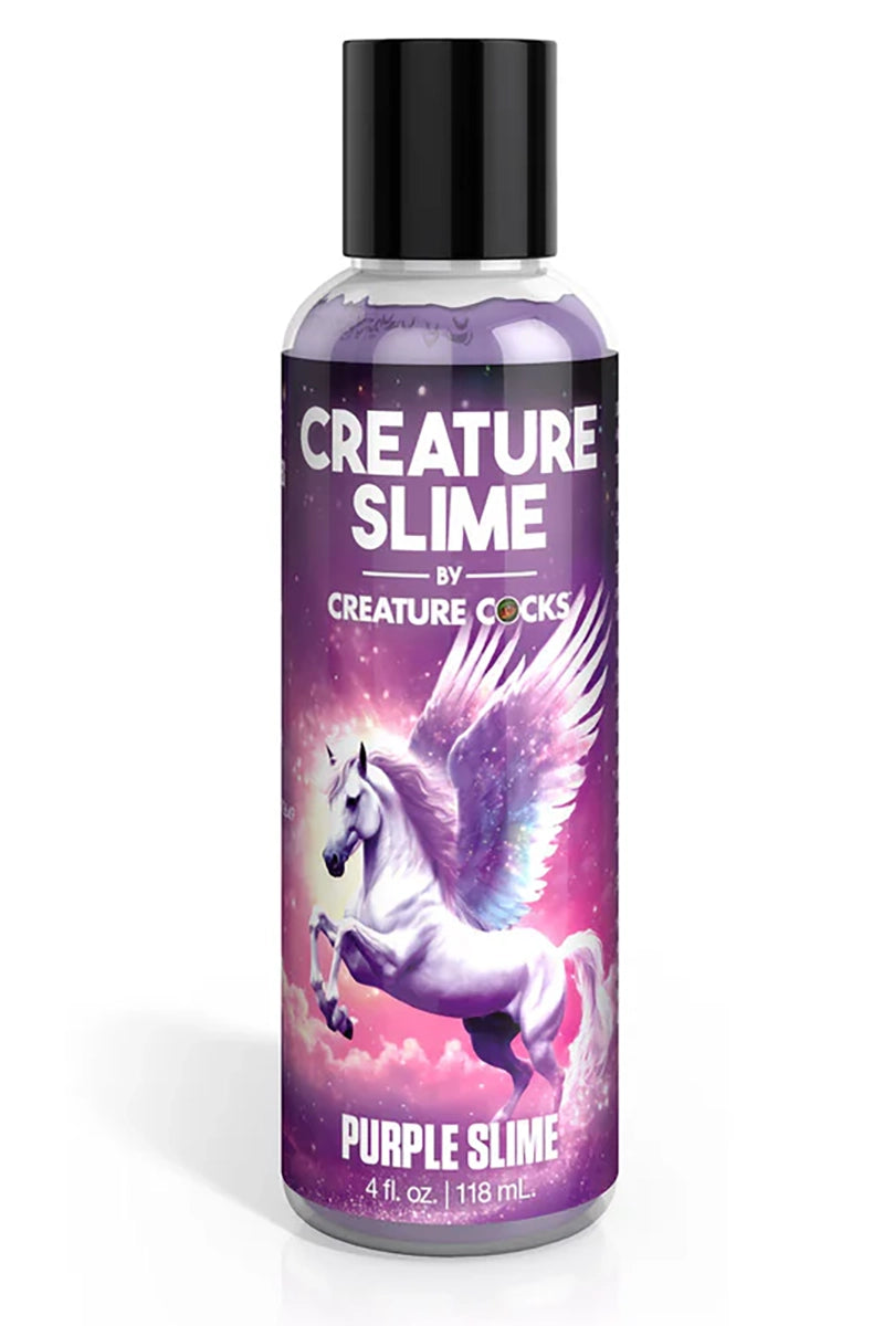 Creature Slime purple water-based lubricant bottle with pegasus label and black flip cap, 4 fl oz.