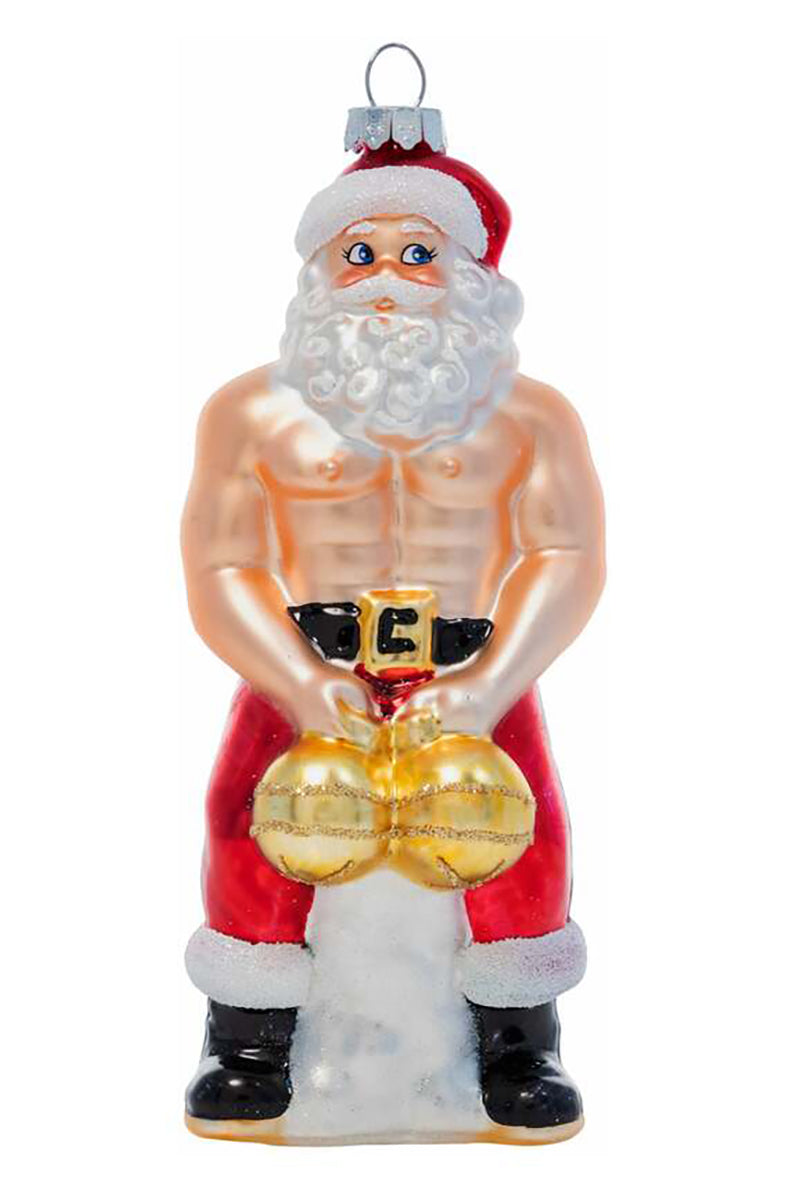 Hand-blown glass ornament of a shirtless Santa in red pants and hat holding two large gold-glitter ornament balls.