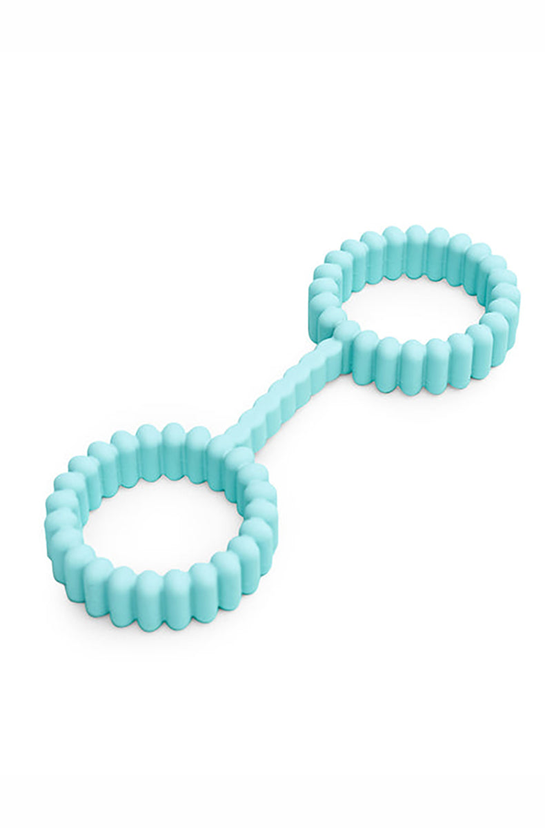 Mint silicone cuffs in a figure-eight shape, two ribbed stretchy loops joined by a short bridge, on a white background.