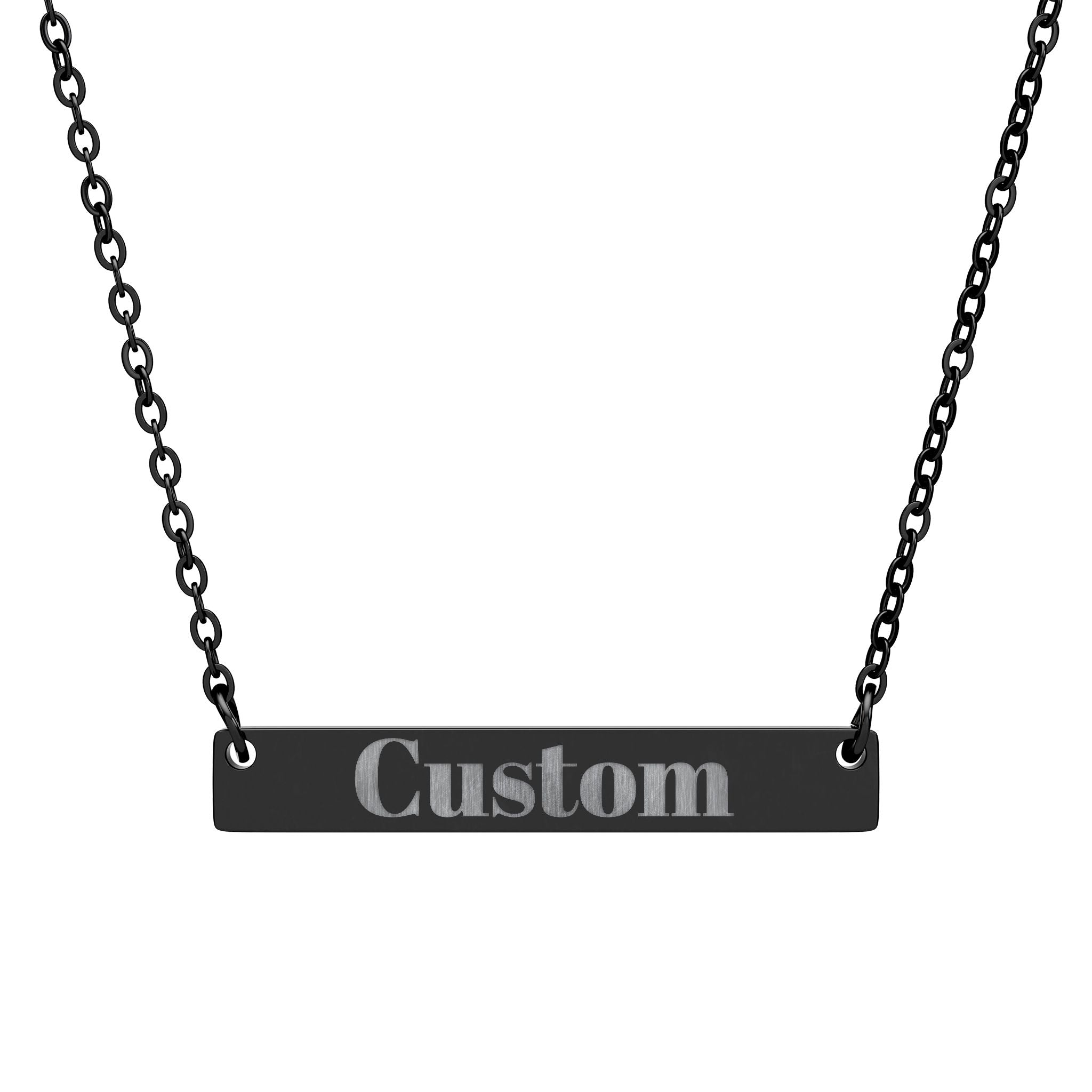 Black bar necklace with 'Custom' engraving on a white background