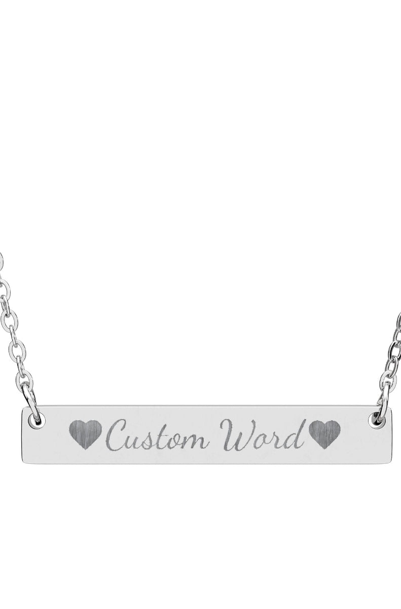 Silver bar necklace with 'Enter your text here' engraving on a white background