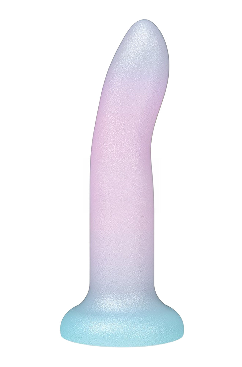 Shimmery silicone dildo fading lavender to pink to aqua, gently curved on a suction cup base