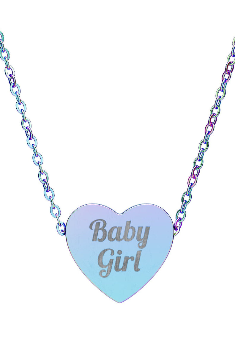 Heart-shaped necklace with 'Baby Girl' engraving on a white background