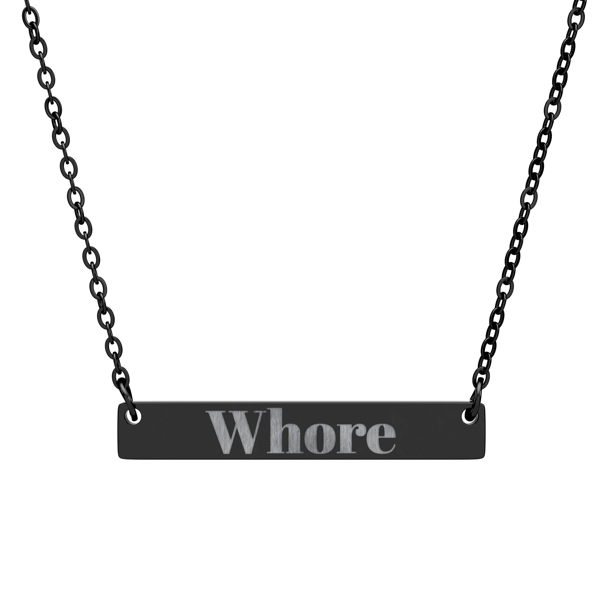 Necklace with a pendant that reads 'Whore' on a white background