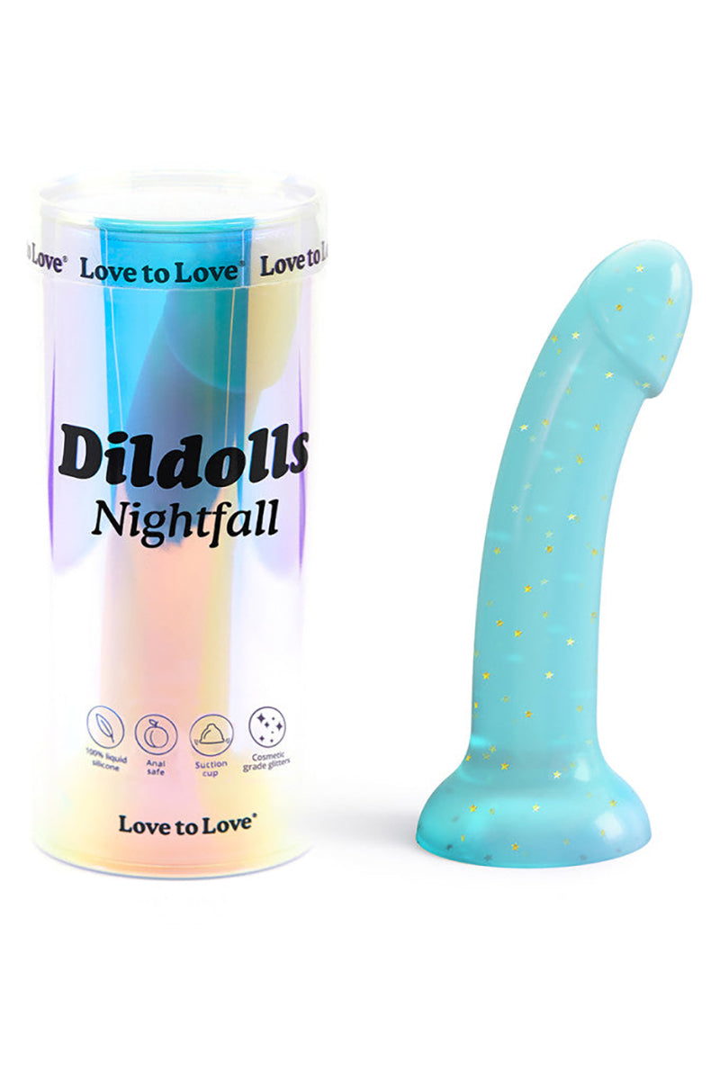 Dildoll Nightfall pastel blue silicone dildo with gold stars, side angle, flared base.