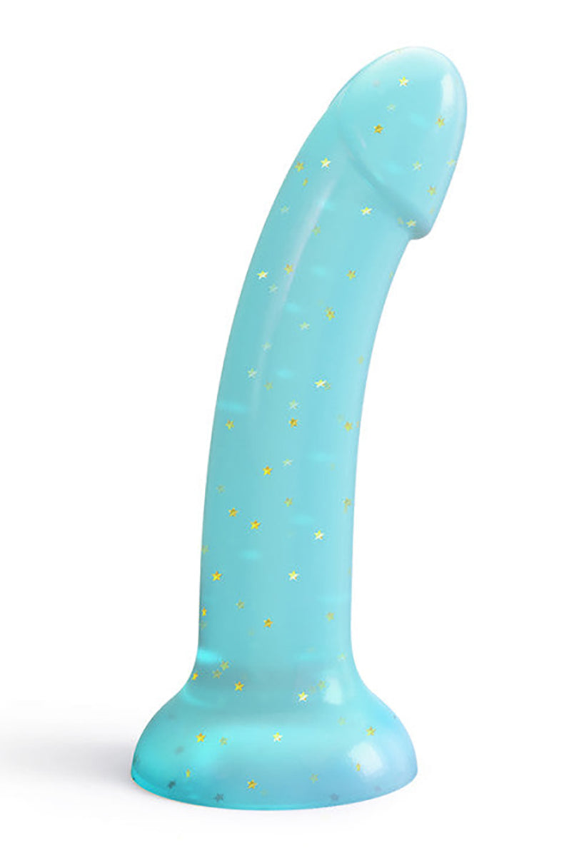 Pastel translucent blue 100% silicone dildo with embedded gold star confetti, curved phallic shaft, flared suction base.