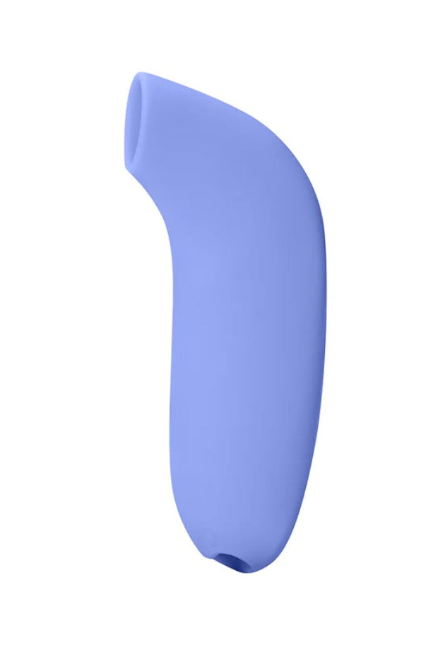 Front view of periwinkle curved suction toy with oval opening at tip