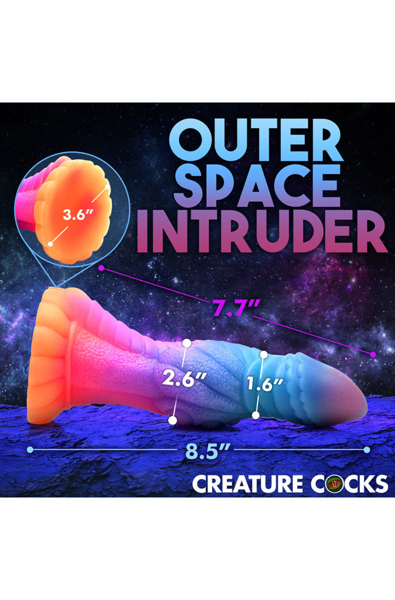 Front straight-on view of Galactic Alien glow silicone dildo.