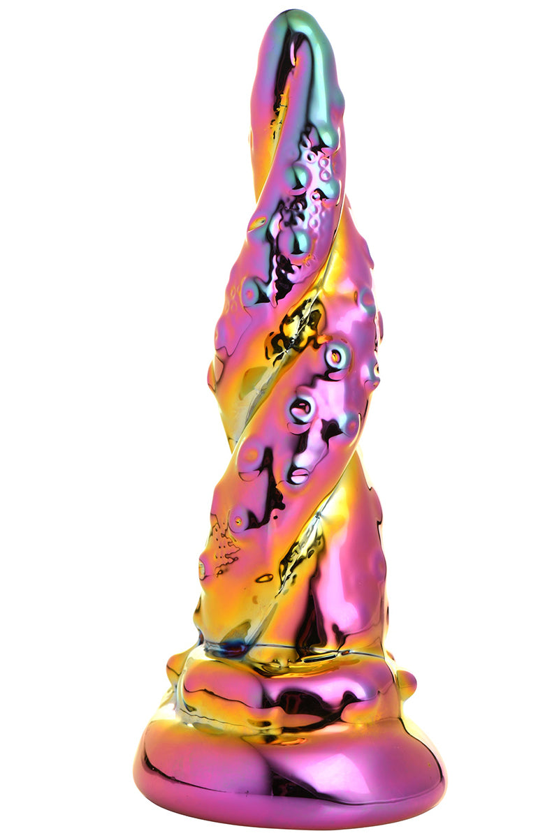 Iridescent rainbow glass fantasy dildo with spiraled octopus tentacles and suckers along the shaft, flared round base.