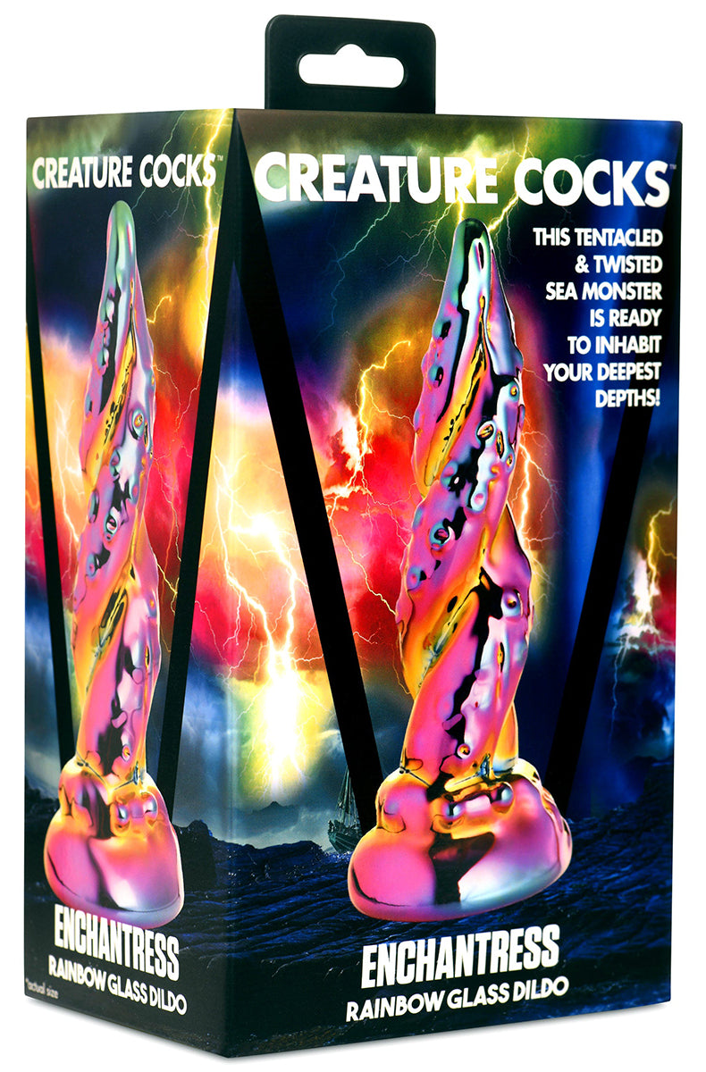 Creature Cocks Enchantress Rainbow Unicorn Glass Dildo retail packaging.