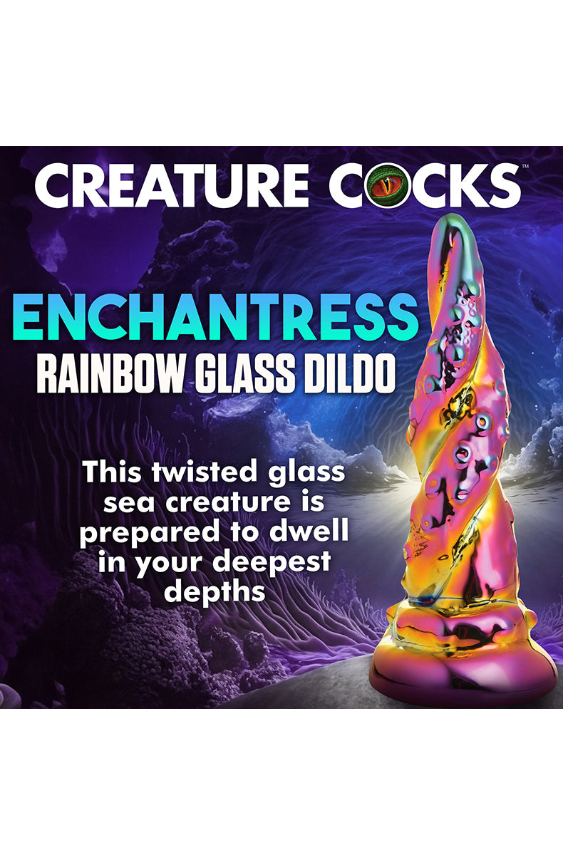 Iridescent rainbow glass dildo at an angle showing octopus tentacle spirals.