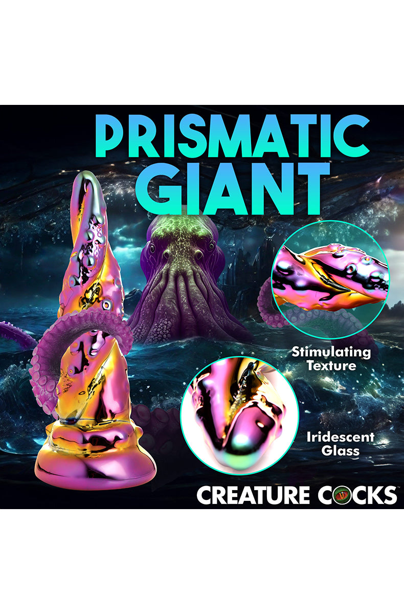 Iridescent rainbow glass dildo, close up of suckers and spiral texture.