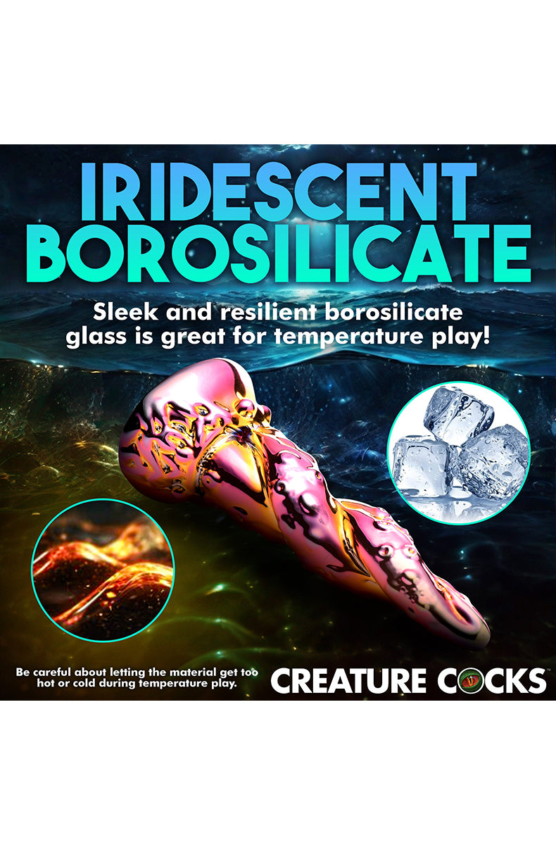 Top view of iridescent rainbow glass dildo with tentacle sucker detail.