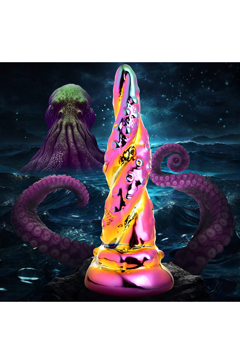 Iridescent rainbow Creature Cocks Enchantress glass dildo, front view.