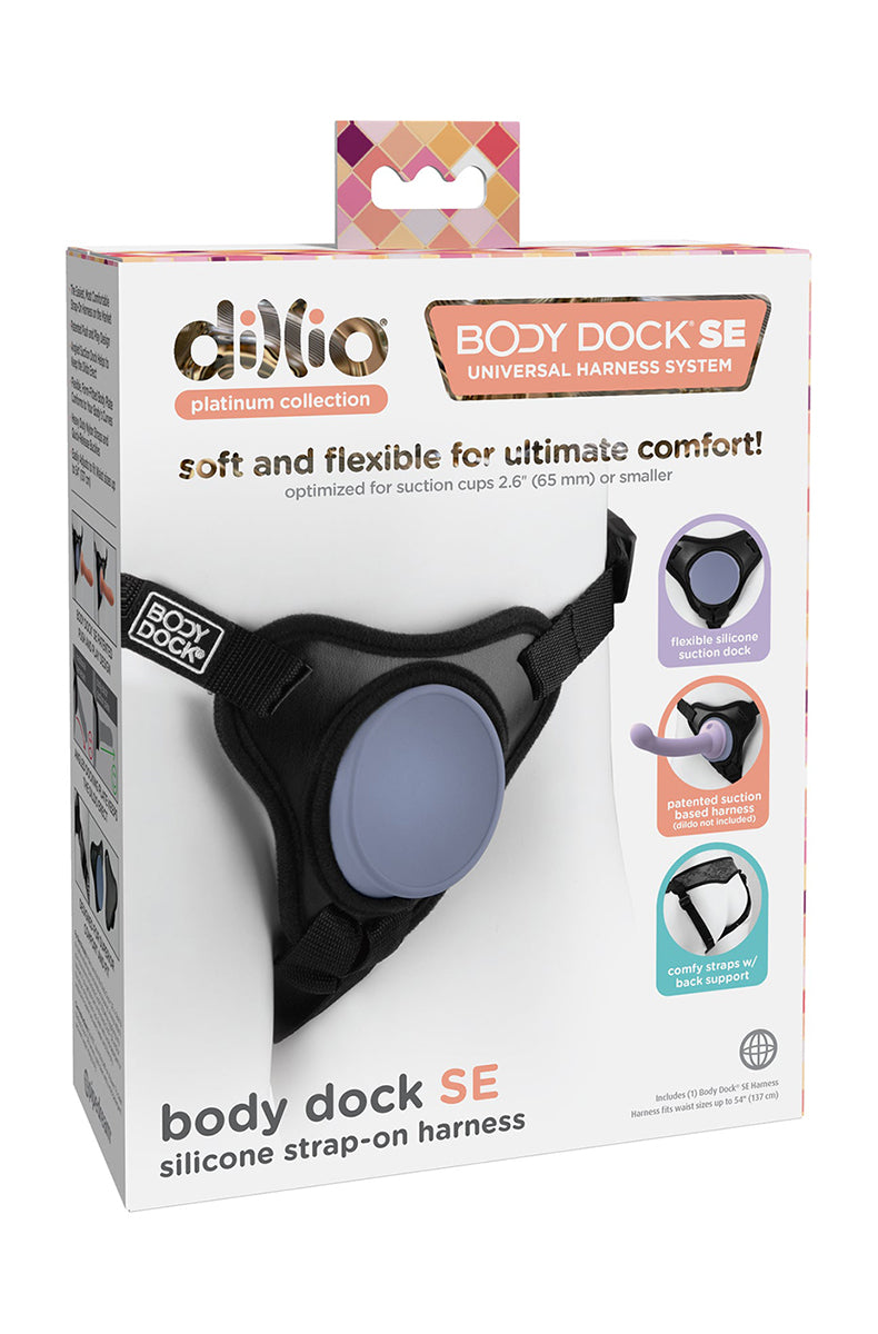 Retail box for Dillio Body Dock SE Silicone Strap On Harness, label notes waist sizes up to 54 inches.