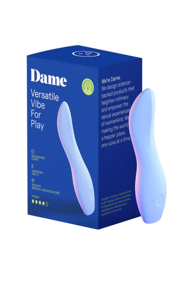 Dame Dip 2.0 blue box packaging with curved periwinkle vibrator visible