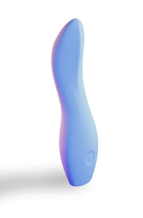 Side view of curved periwinkle silicone vibrator showing ergonomic shape