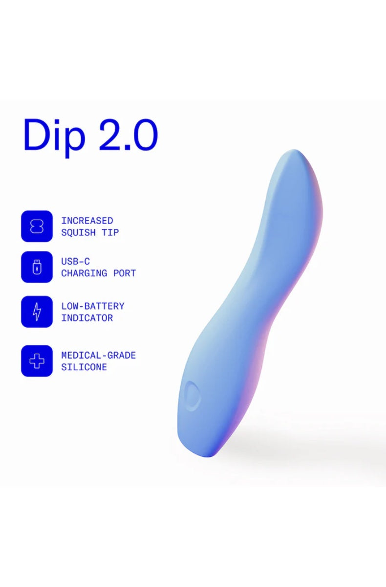 Dip 2.0 features diagram showing increased squish tip and USB-C charging port on periwinkle vibrator