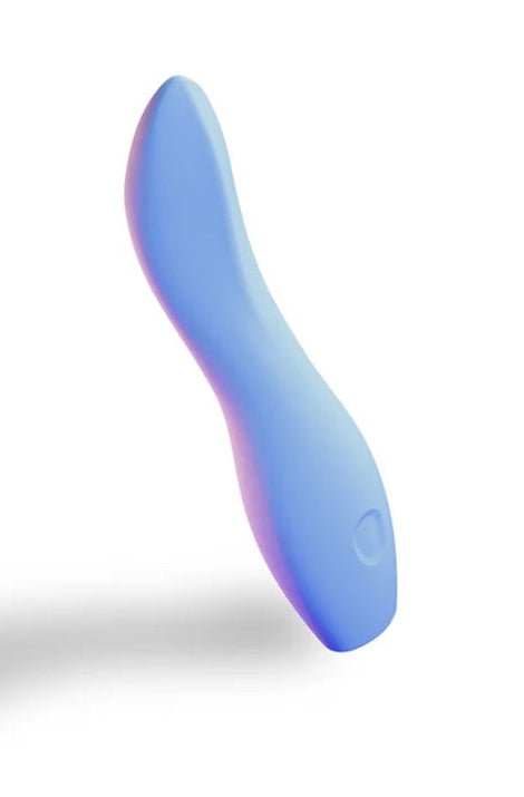 Angled view of curved periwinkle vibrator against white background