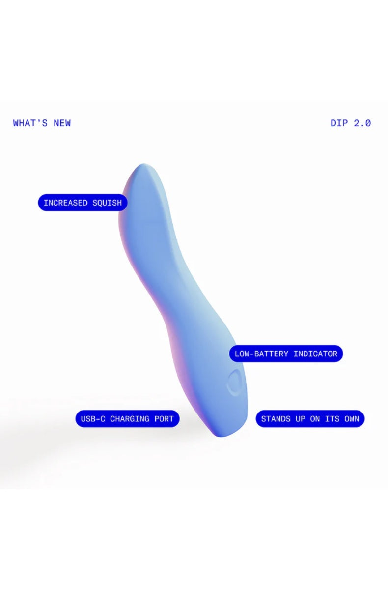 Periwinkle vibrator with feature callouts for increased squish, low-battery indicator, and USB-C port