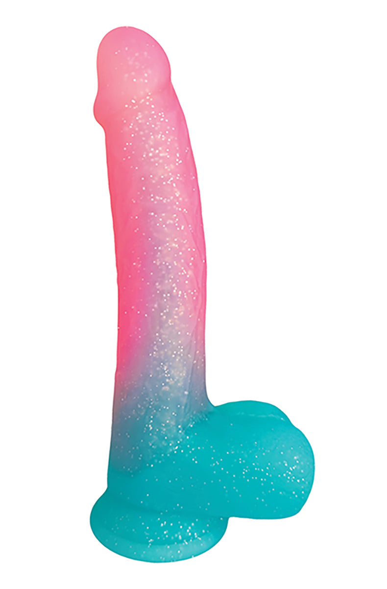Cotton candy ombre Lollicock dildo, pink top fading to teal balls and base, glitter finish