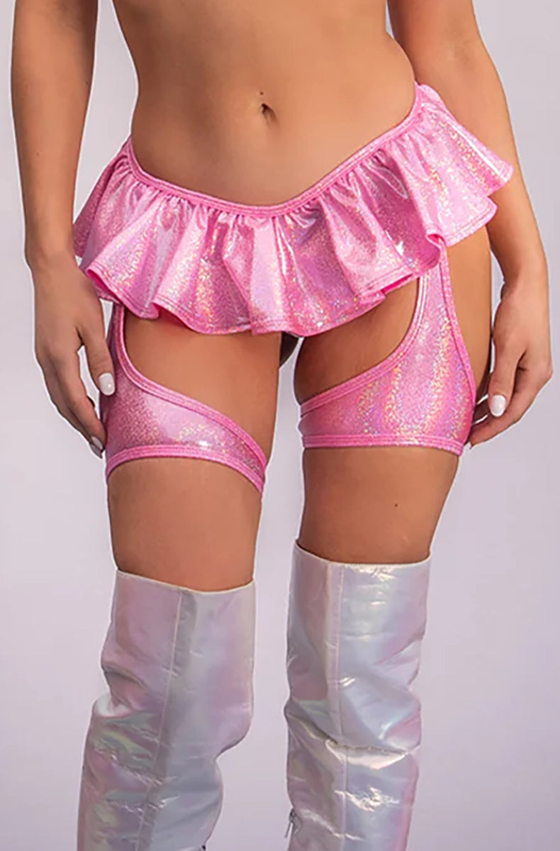 Model wearing bubblegum pink shimmer bottom with ruffle waist and chap-style thigh straps