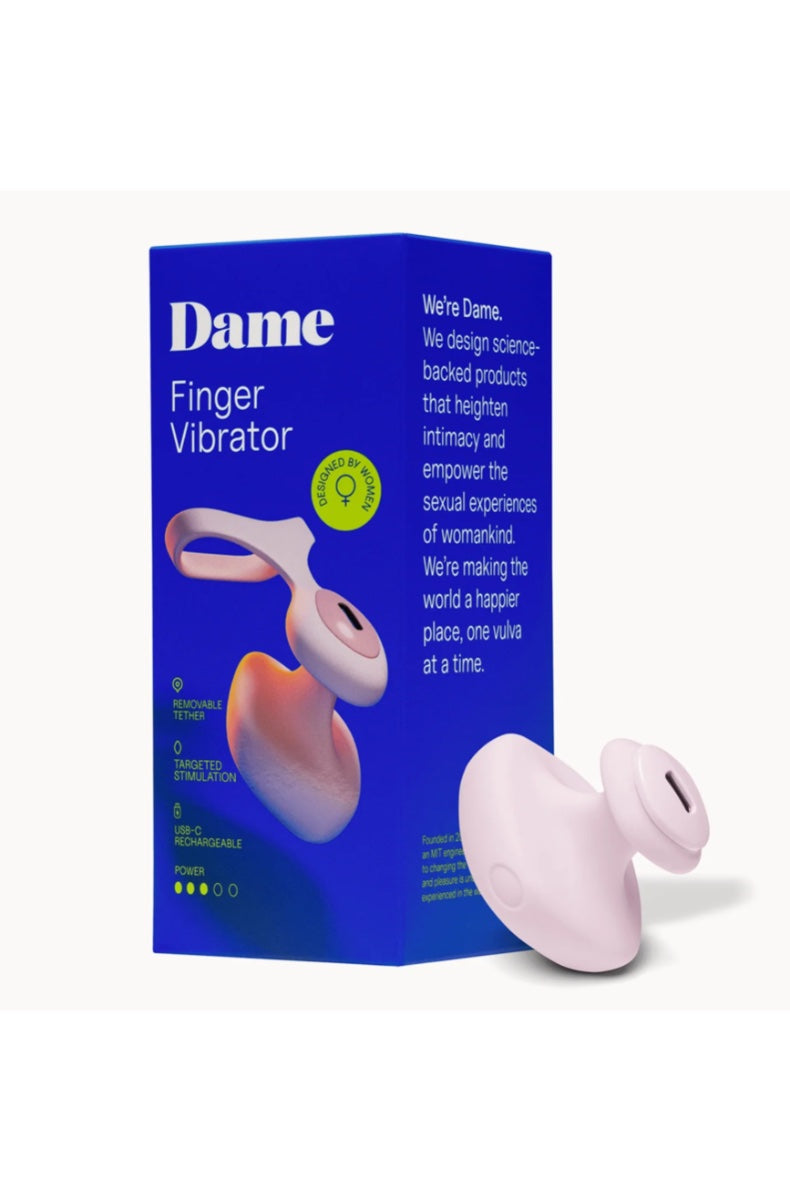 Dame finger vibrator blue retail box with product image and company branding