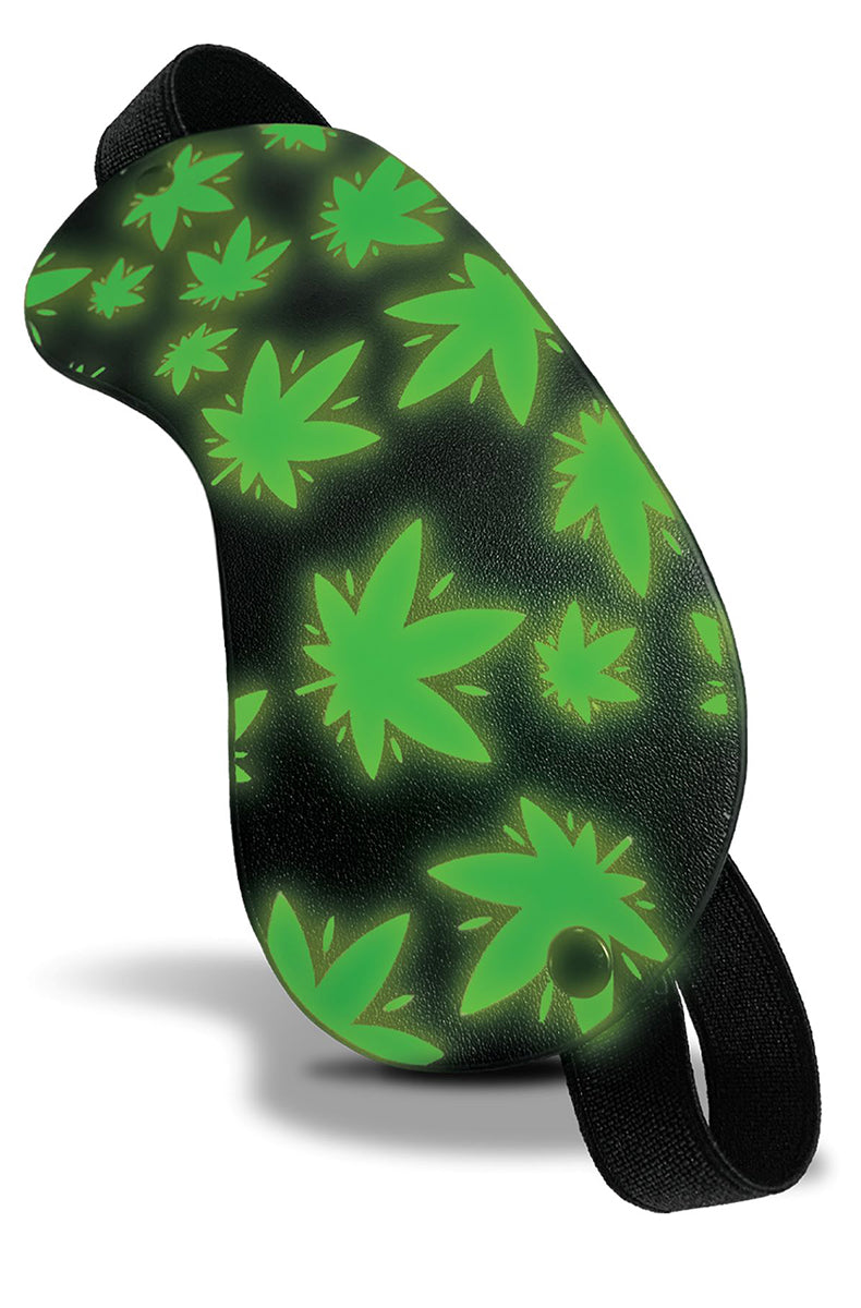 Stoner Vibes faux-leather blindfold with glow-in-the-dark green cannabis-leaf print and black elastic strap.