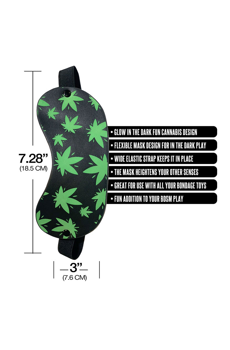 Stoner Vibes blindfold lying flat showing contour-cut shape and weed-leaf pattern.