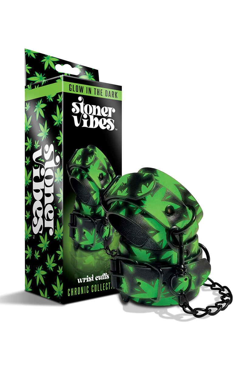 Stoner Vibes wrist cuffs next to their black and green cannabis-print Chronic Collection retail box.