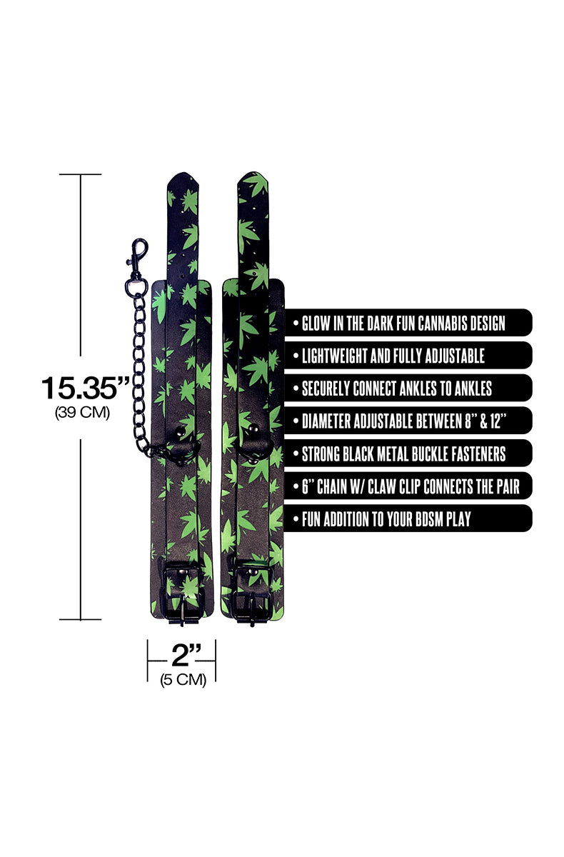 Flat layout of the cannabis-leaf wrist cuffs with measurements labeled 15.35 inches long and 2 inches wide.