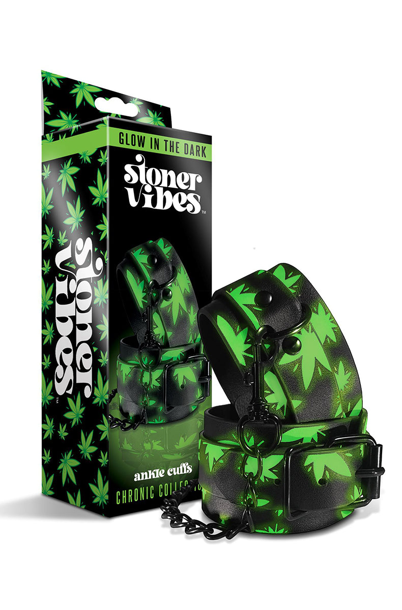 Stoner Vibes ankle cuffs next to their black and green cannabis-print Chronic Collection retail box.