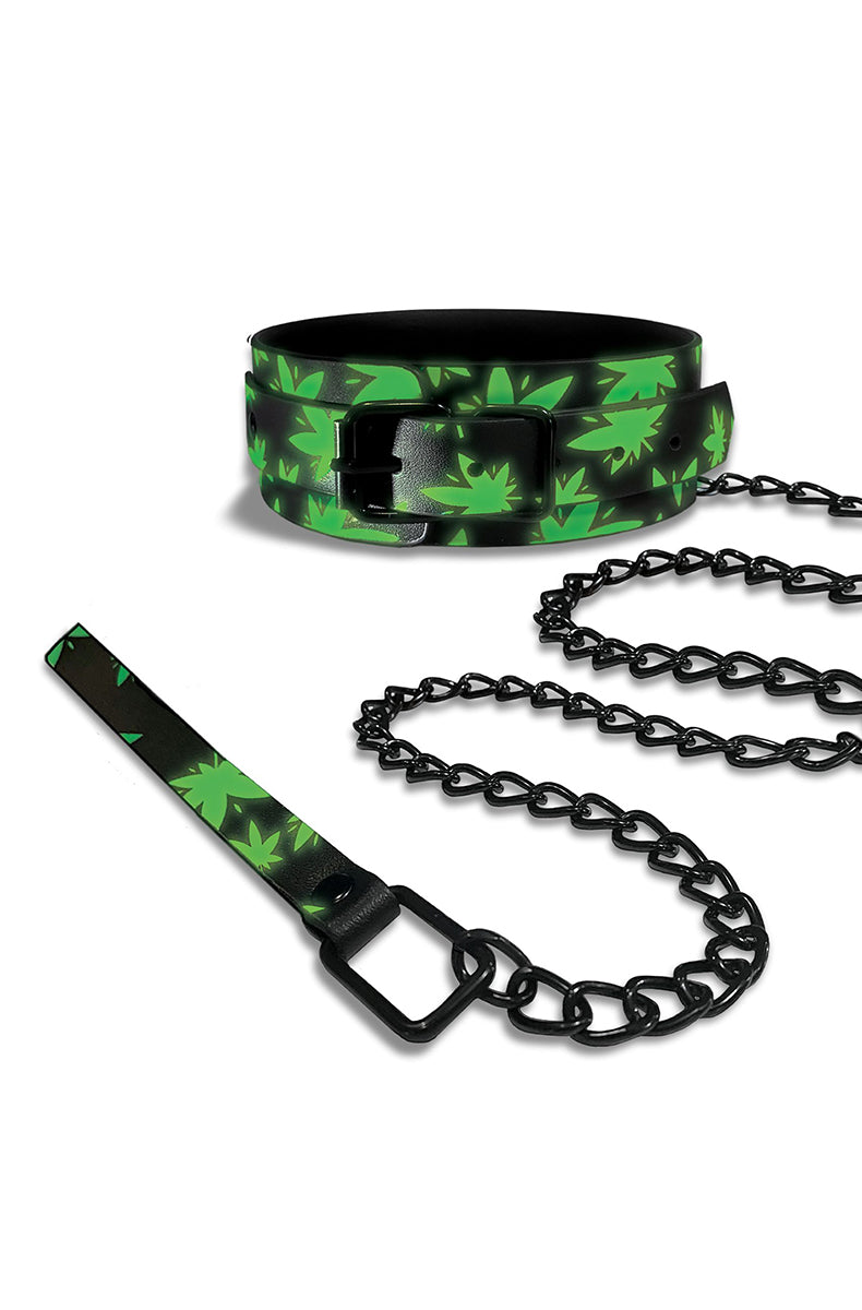 Black faux leather collar with bright green glow-in-the-dark cannabis-leaf print and a detachable black metal chain leash.
