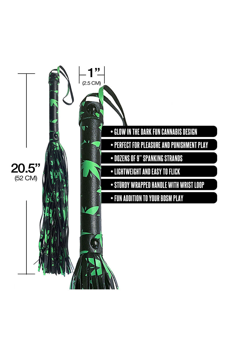 Black box printed with green cannabis leaves and Stoner Vibes Glow in the Dark Flogger Chronic Collection beside the flogger.