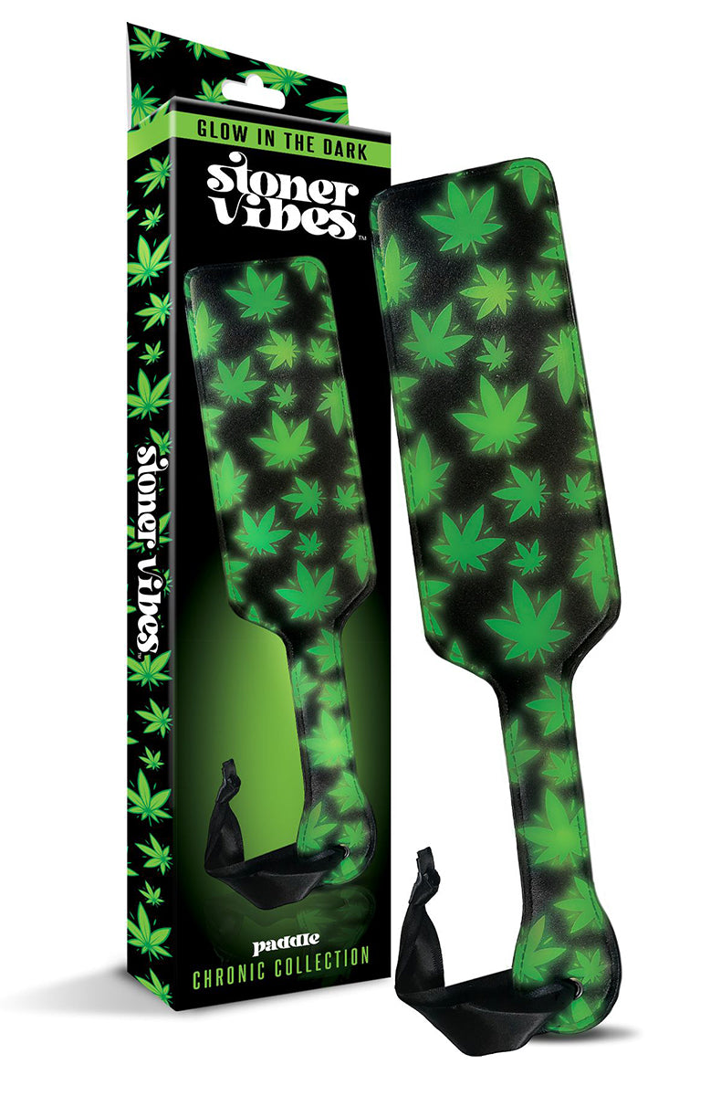 Front view of the cannabis-leaf paddle next to its Stoner Vibes Chronic Collection retail box.